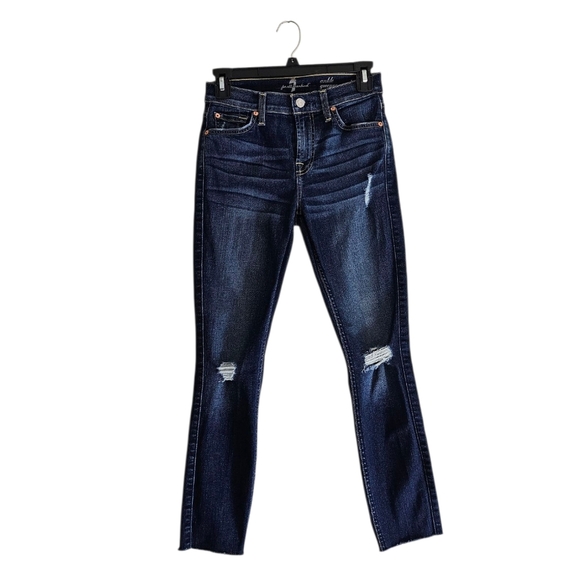 7 For All Mankind Gwenevere Mid Rise Distressed Skinny Blue Jeans 25 Preowned - Picture 1 of 9